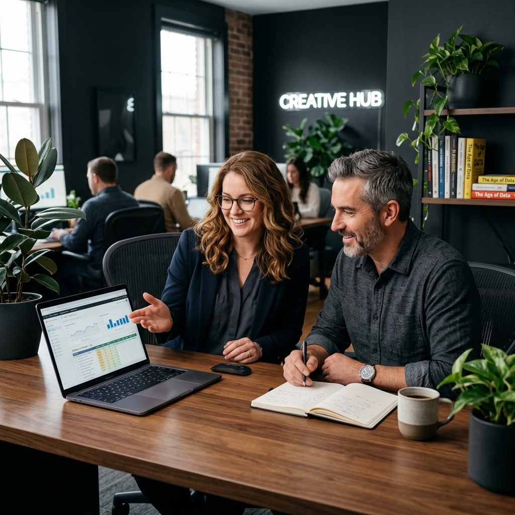 Two Digital Marketing Strategists Discussing Campaign Performance